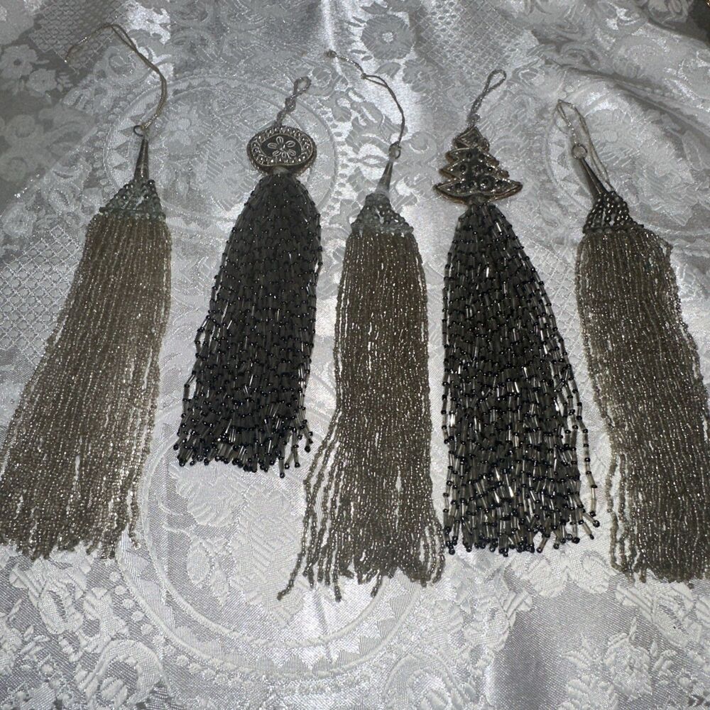 Vintage Christmas Ornament Metallic Bugle Beaded TASSEL 5 Piece